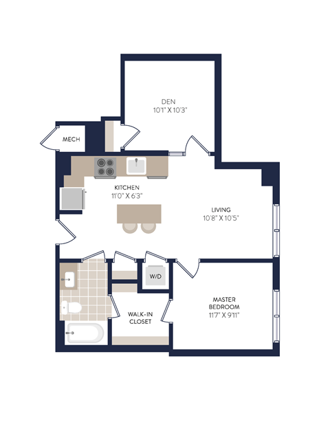 Floor plan for 2 beds, 1 bath, 653 sqft
